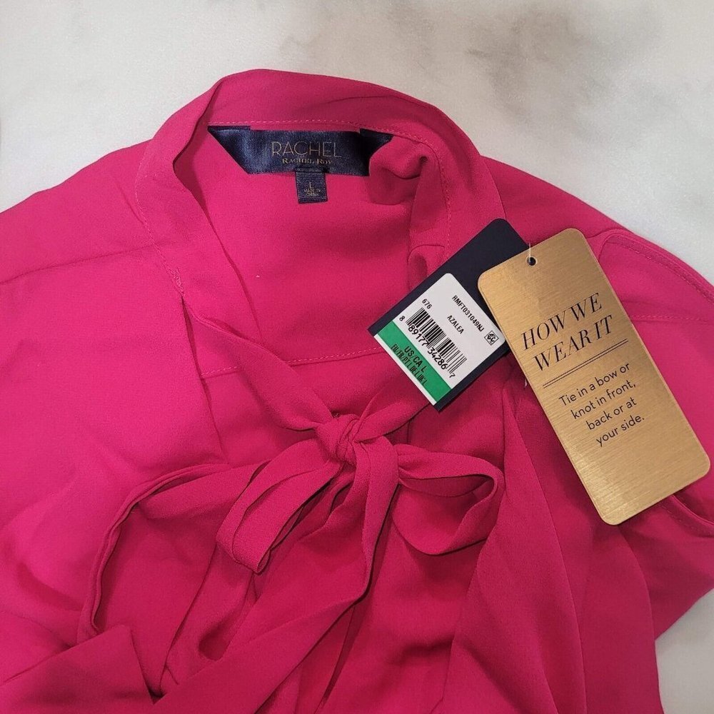 NWT RACHEL Rachel Roy Beckett Solid Tie-Neck Blouse Pink Size Large - Picture 4 of 6